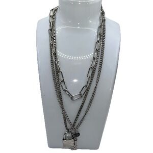 Necklace Silver Tone Layered Lock And Key Pendants‎ Black Rhinestones Chic Rural